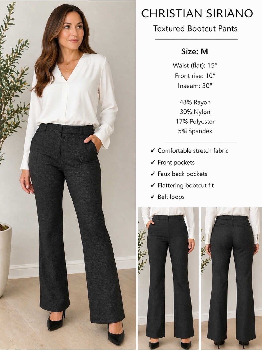 Christian Siriano Textured Bootcut / Flare  Pants Business Casual Black Charcoal